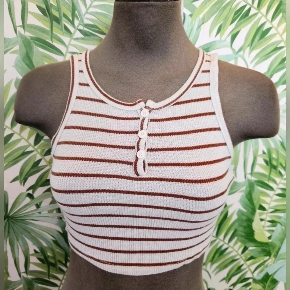 Womens Rebellious Dreamer Brown & White Stripped Crop Top Belly Tank Top